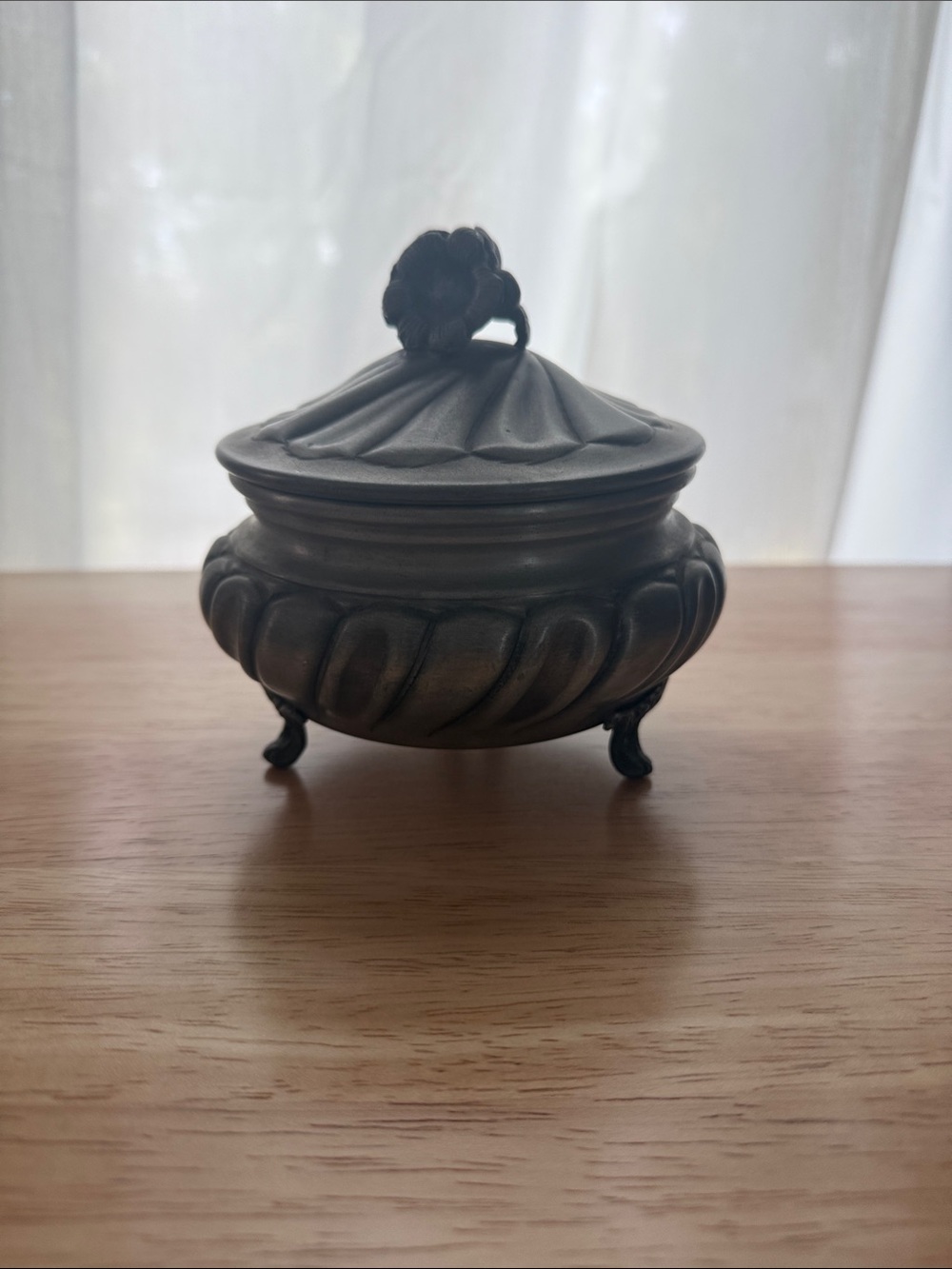 Vintage Decorative Round Metal Trinket Box with Floral Finial